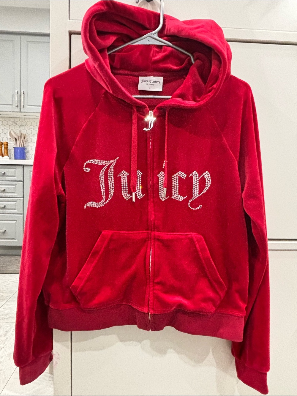 Juicy Couture Red Velour Rhinestone Logo Zip-Up Hoodie